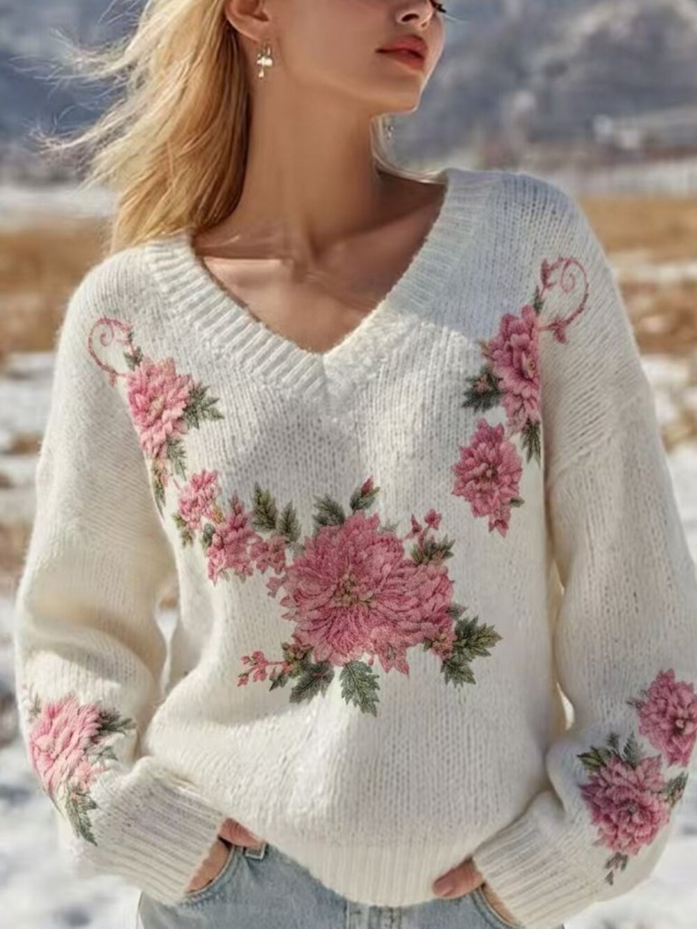Casual Women's Floral Print V-Neck Dropped Shoulder Long Sleeve Sweater